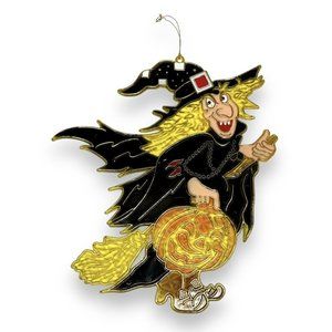 Vintage Kitschy 8" Halloween Witch Broom Pumpkin Sun Catcher Faux Stained Glass